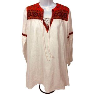 Esley Top Women  Size S White Orange Embroidered Geometric V neck Long Sleeves